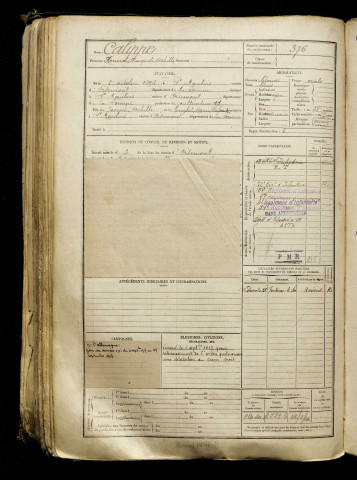 Calippe, Honorat Auguste Achille, né le 08 octobre 1896 à Saint-Maulvis (Somme), classe 1916, matricule n° 376, Bureau de recrutement d'Amiens