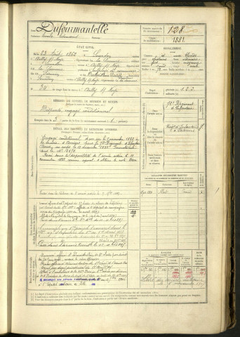 Dufourmantelle, Emile Edouard, né le 23 août 1862 à Sourdon (Somme, France), classe 1882, matricule n° 128, Bureau de recrutement de Péronne