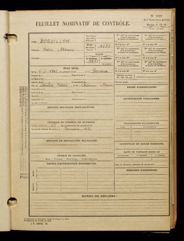 Boquillon, Oscar Marius, né le 01 février 1893 à Saveuse (Somme), classe 1913, matricule n° 1272, Bureau de recrutement d'Amiens