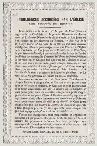 Image pieuse dentelle. Reine du très saint Rosaire veillez sur nous. Saint Dominique priez pour nous. La Vierge et l'Enfant, saint Dominique et sainte Catherine de Sienne. Indulgences accordées par l'église aux associés du Rosaire