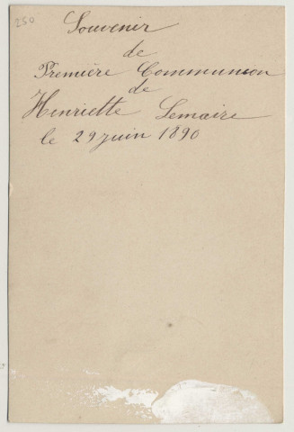Je suis tout saisi d'amour pour vous, ô très bon Jésus, et votre présence me cause une joie indicible ! Un ciboire. Souvenir de première communion de Henriette Lemaire, le 29 juin 1890