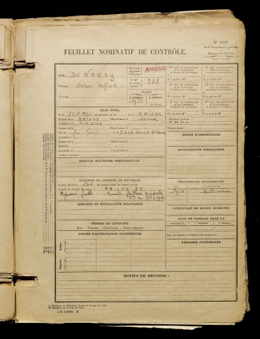 De Warcy, Octave Alfred, né le 25 juillet 1890 à Amiens (Somme), classe 1910, matricule n° 838, Bureau de recrutement d'Amiens