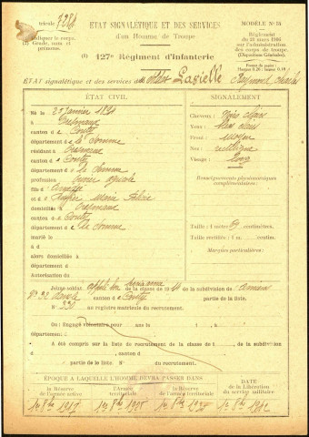 Lavielle, Raymond Charles, né le 25 janvier 1894 à Oresmaux (Somme), classe 1914, matricule n° 330, Bureau de recrutement d'Amiens