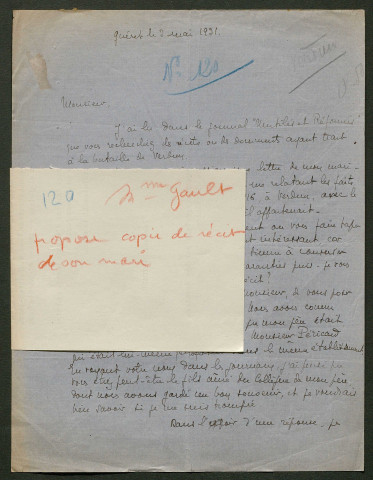 Témoignage de Gault, Marcelle (Vice présidente des Veuves de guerre de la Creuse) et correspondance avec Jacques Péricard