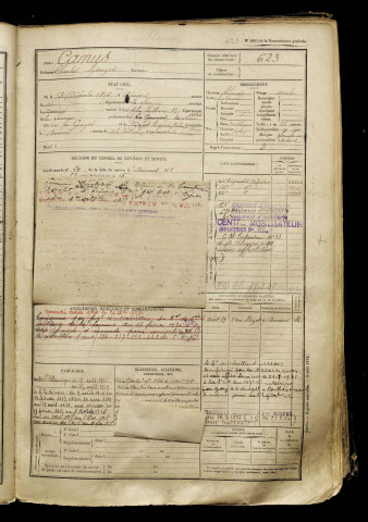 Camus, Charles Georges, né le 13 décembre 1896 à Amiens (Somme), classe 1916, matricule n° 623, Bureau de recrutement d'Amiens