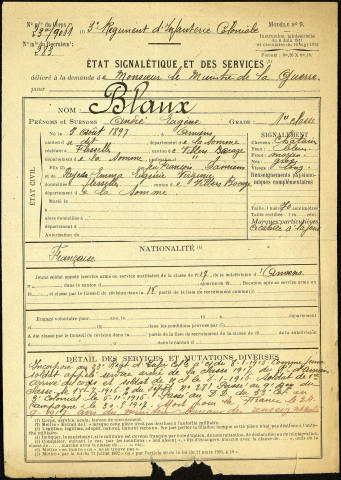 Blaux, André Eugène, né le 5 août 1897 à Amiens (Somme), classe 1917, matricule n° 283, Bureau de recrutement d'Amiens