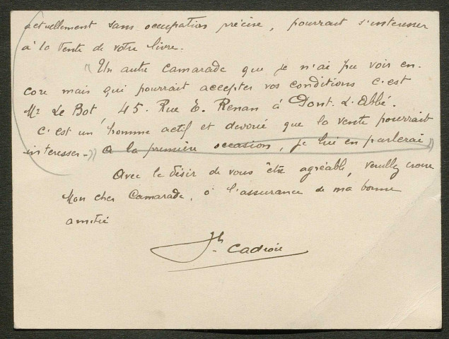 Témoignage de Cadet (Abbé), Louis (Aumônier militaire) et correspondance avec Jacques Péricard