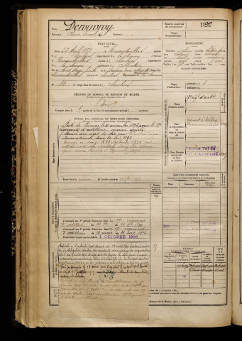 Derouvroy, Elvire Ernest, né le 22 avril 1872 à Vermandovillers (Somme), classe 1892, matricule n° 1192, Bureau de recrutement de Péronne