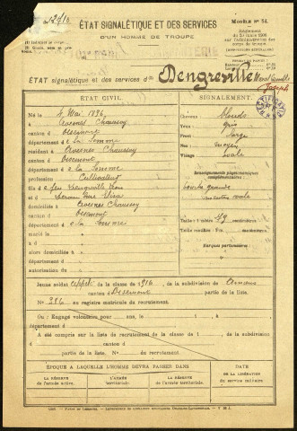 Dengreville, Marcel Camille Joseph, né le 04 mai 1896 à Avesnes-Chaussoy (Somme), classe 1916, matricule n° 386, Bureau de recrutement d'Amiens