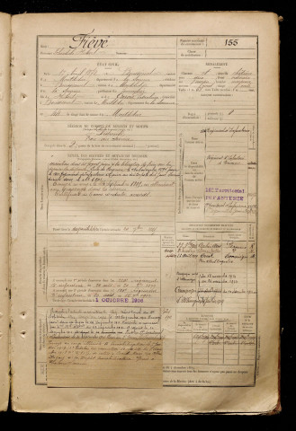 Fiévé, Théodule Hubert, né le 17 avril 1872 à Boussicourt (Somme), classe 1892, matricule n° 155, Bureau de recrutement de Péronne