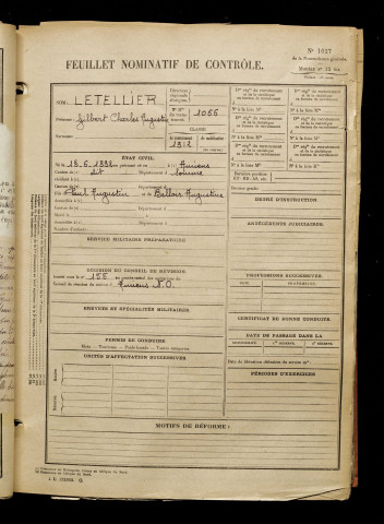 Letellier, Gilbert Charles Augustin, né le 13 juin 1892 à Amiens (Somme), classe 1912, matricule n° 1066, Bureau de recrutement d'Amiens