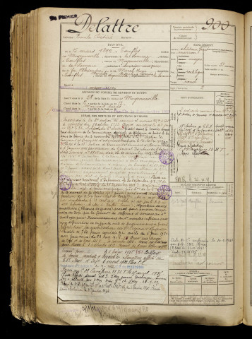 Delattre, Emile Désiré, né le 15 mars 1892 à Toeufles (Somme), classe 1912, matricule n° 900, Bureau de recrutement d'Abbeville