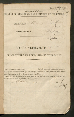 Table du répertoire des formalités, de Lecluse à Lefebvre, registre n° 27 (Péronne)