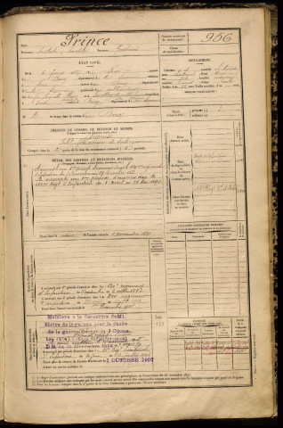 Prince, Aristide Anatole, né le 06 février 1867 à Frise (Somme), classe 1887, matricule n° 956, Bureau de recrutement de Péronne