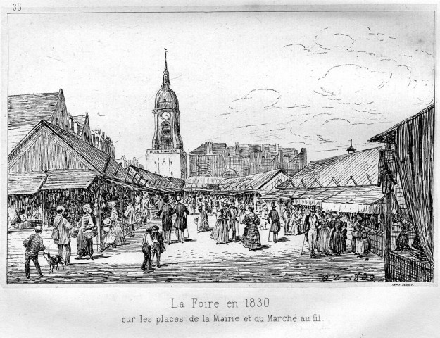 La foire en 1830 sur les places de la mairie et du marché au fil