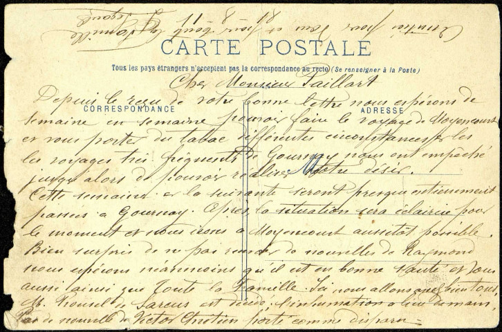 Carte postale intitulée "Sarnois près Grandvilliers (Oise)". Correspondance d'un certain Gaston Segault à Alphonse Paillart