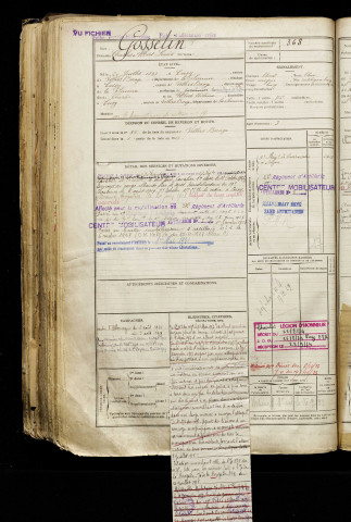 Gosselin, Charles Albert Louis, né le 20 juillet 1893 à Coisy (Somme), classe 1913, matricule n° 368, Bureau de recrutement d'Amiens