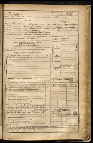 Roger, Félix David Alexandre, né le 15 décembre 1872 à Amiens (Somme), classe 1892, matricule n° 433, Bureau de recrutement d'Amiens