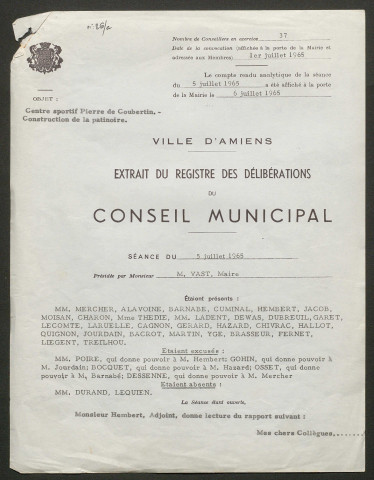 Construction du centre sportif municipal Pierre de Coubertin à Amiens (dossier technique, demande de subvention, plans, devis descriptifs)