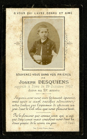 Carte photo en mémoire de Joseph Desquiens décédé le 29 octobre 1892 dans sa 13e année
