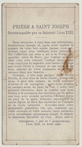 Le patriarche Saint Joseph. Prière à Saint Joseph recommandée par sa Sainteté le Pape Léon XIII