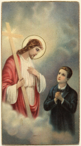 Jésus portant la Croix Glorieuse face à un premier communiant