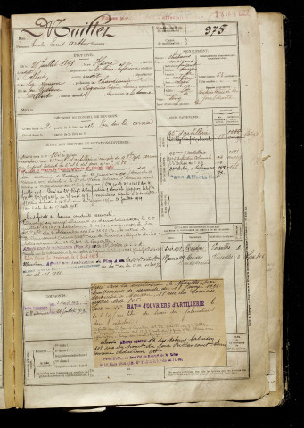 Maillet, Emile Louis Arthur, né le 27 juillet 1891 à Havre (Le) (Seine-Maritime), classe 1911, matricule n° 975, Bureau de recrutement de Péronne