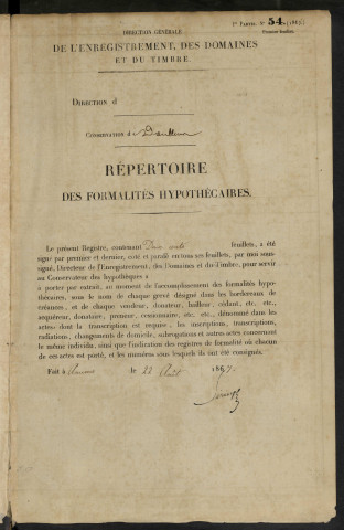 Répertoire des formalités hypothécaires, du 01/05/1868 au 02/11/1868, volume n° 116 (Conservation des hypothèques de Doullens)