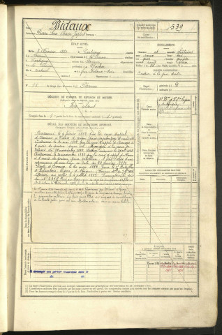 Bidaux, Pierre Sem Cham Japhet, né le 8 février 1861 à Cartigny (Somme, France), classe 1881, matricule n° 539, Bureau de recrutement Péronne