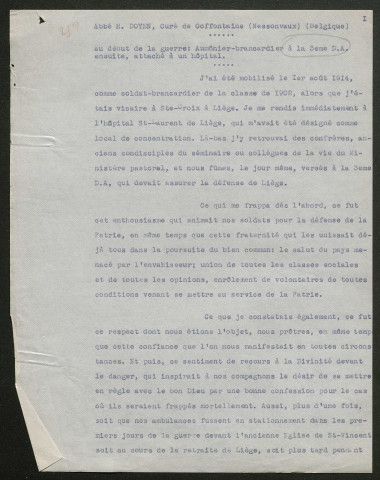 Témoignage de Doyen (Abbé), H. (Aumônier brancardier) et correspondance avec Jacques Péricard