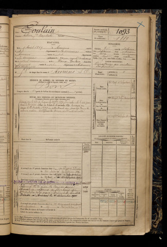 Poulain, Arthur Jean Baptiste, né le 09 août 1869 à Amiens (Somme), classe 1889, matricule n° 1093, Bureau de recrutement d'Amiens