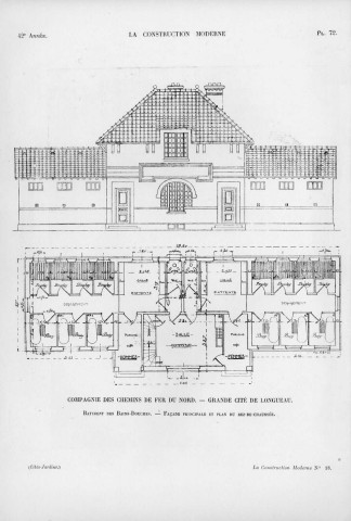 La Construction Moderne - Revue hebdomadaire d'Architecture. Compagnie des chemins de fer du Nord - Grande cité de Longueau - Bâtiment des bains douches - Façade principale et plan du rez-de-chaussée. Photographie du dispensaire, vue intérieure