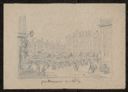 Etudes. Poissonnerie en 1864, place du marché Lanselles à Amiens. Eglise Saint-Pierre