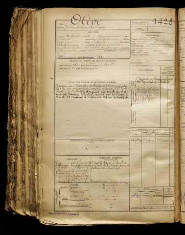 Olive, Julien Arthur Paul, né le 21 août 1897 à Yzengremer (Somme), classe 1917, matricule n° 1428, Bureau de recrutement d'Amiens