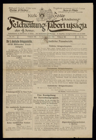 K.u.K. Feldzeitung der 4. Armee / Cs.és Kir. 4. Hadsereg Tabori Ujsagja [Deutsche Ausgabe]