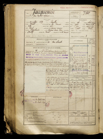 Jacquemin, Jean Baptiste Alphonse, né le 10 juillet 1889 à Poeuilly (Somme), classe 1909, matricule n° 750, Bureau de recrutement de Péronne