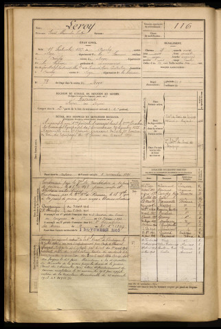 Leroy, Louis Alexandre Léon, né le 18 septembre 1867 à Curchy (Somme), classe 1887, matricule n° 116, Bureau de recrutement de Péronne