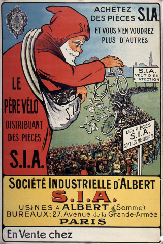 Affiche publicitaire pour l'entreprise S.I.A., figurant le père Noël distribuant les pièces de cycles
