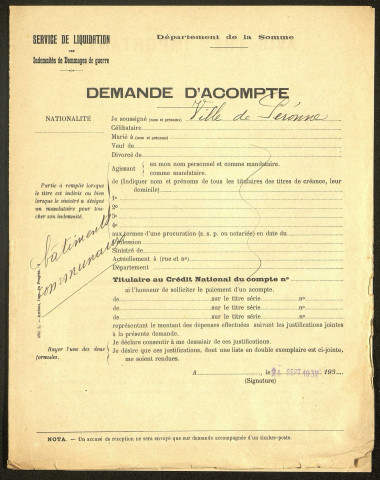 Péronne. Demande d'indemnisation des dommages de guerre : dossier Ville de Péronne (Bâtiments communaux)