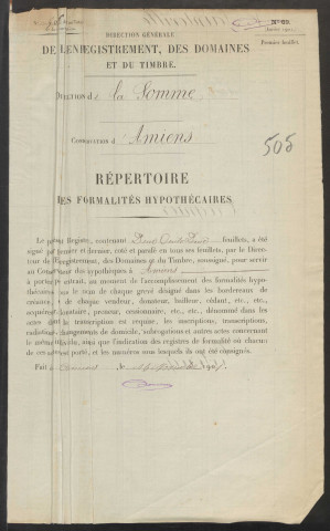 Répertoire des formalités hypothécaires, du 09/08/1902 au 07/11/1902, volume 505 (Conservation des hypothèques d'Amiens)