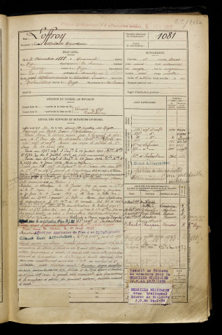 Loffroy, Louis Alphonse Marcel, né le 31 décembre 1888 à Curchy (Somme), classe 1908, matricule n° 1081, Bureau de recrutement de Péronne