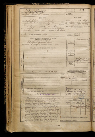 Boulenger, Louis Marcel Oscar, né le 09 avril 1872 à Berny-en-Santerre (Somme), classe 1892, matricule n° 1110, Bureau de recrutement de Péronne