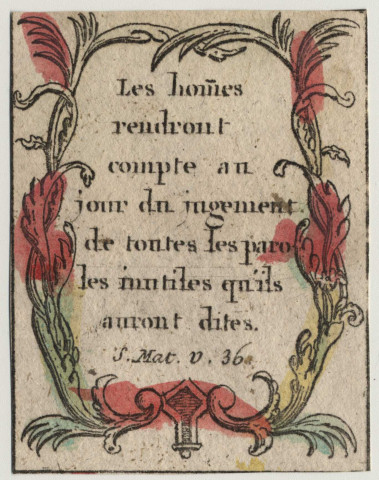 Image pieuse reprenant un verset de l'évangile de Saint Mathieu « les hommes rendront compte au jour du jugement de toutes les paroles inutiles qu'ils auront dites »