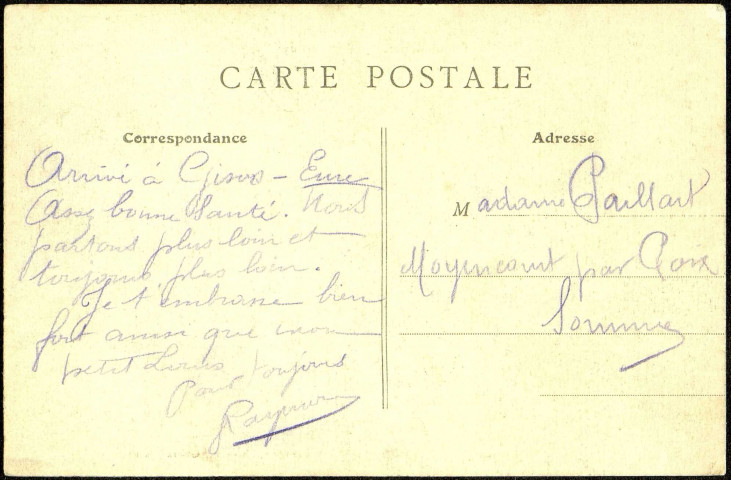 Carte postale intitulée "Gisors (Eure). Grande Rue". Correspondance de Raymond Paillart à sa femme Clémence