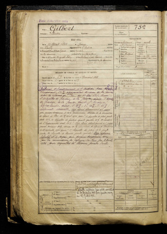 Gilbert, André, né le 21 avril 1898 à Vailly-sur-Aisne (Aisne), classe 1918, matricule n° 752, Bureau de recrutement d'Amiens