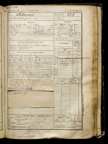 Letierce, Adrien Maurice Joseph, né le 01 juillet 1900 à Coisy (Somme), classe 1920, matricule n° 329, Bureau de recrutement d'Amiens