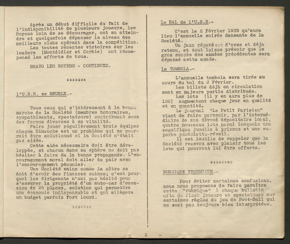 Bulletin de l'Union Sportive Royenne, numéro 2 – 2e année, 1er trimestre 1935