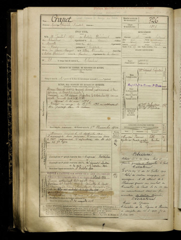 Crapet, Marie Théophile Aristote, né le 31 juillet 1876 à Estrées-Deniécourt (Somme), classe 1896, matricule n° 726, Bureau de recrutement de Péronne