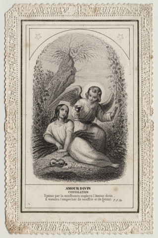 Image pieuse dentelle. Amour Divin. Un enfant et son ange gardien. Amour Divin, doux nom de Jésus