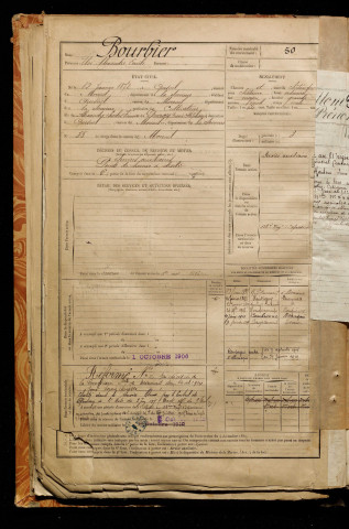 Bourbier, Eloi Alexandre Emile, né le 12 janvier 1872 à Quesnel (Le) (Somme), classe 1892, matricule n° 50, Bureau de recrutement de Péronne